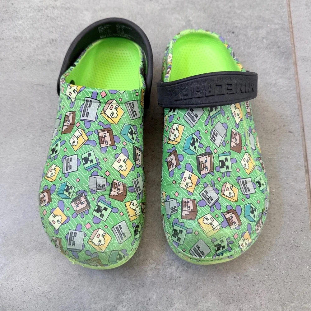 Minecraft Clogs Kids Size 3 Green Good Condition Character Print Slip On Shoes‎